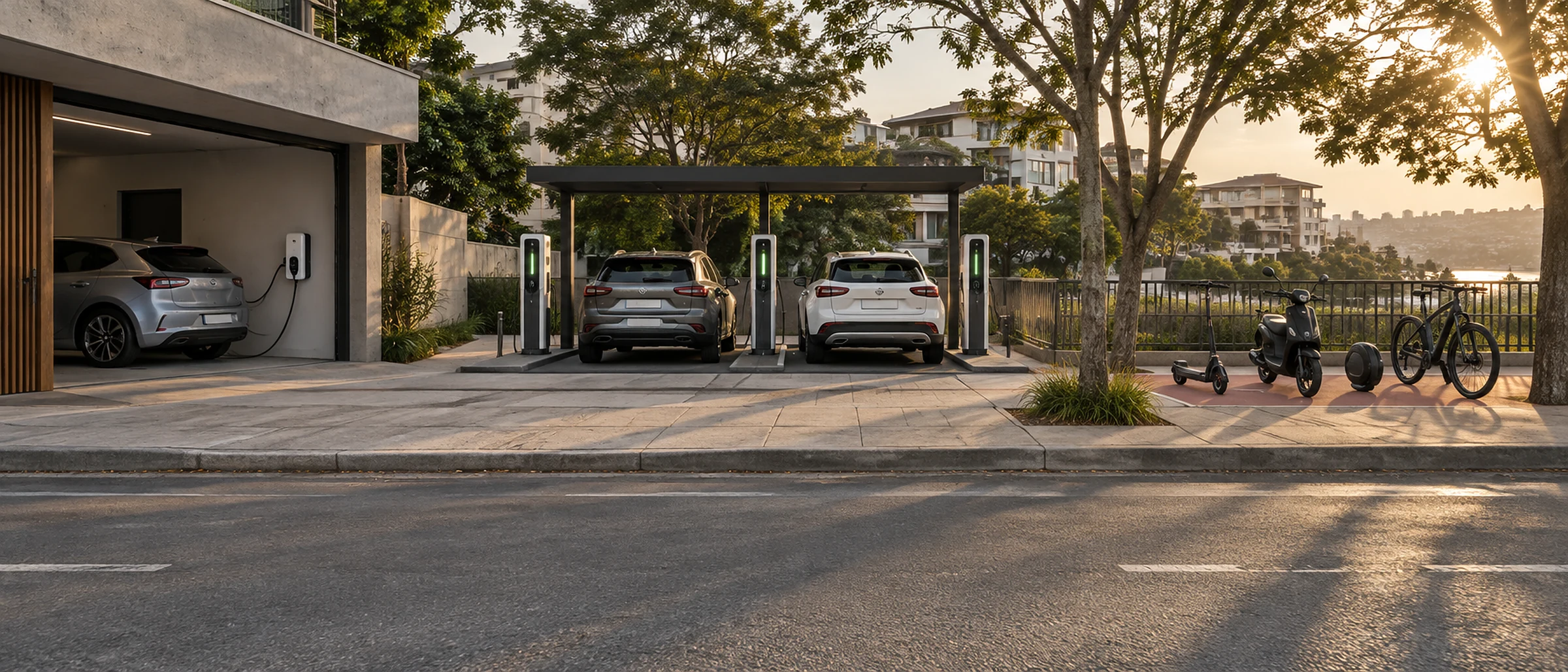 Mobilidade elétrica numa rua: um carro carregando na garagem de casa, um eletroposto com carros plugados e patinete, scooter, monociclo e bike elétricos estacionados na ciclovia